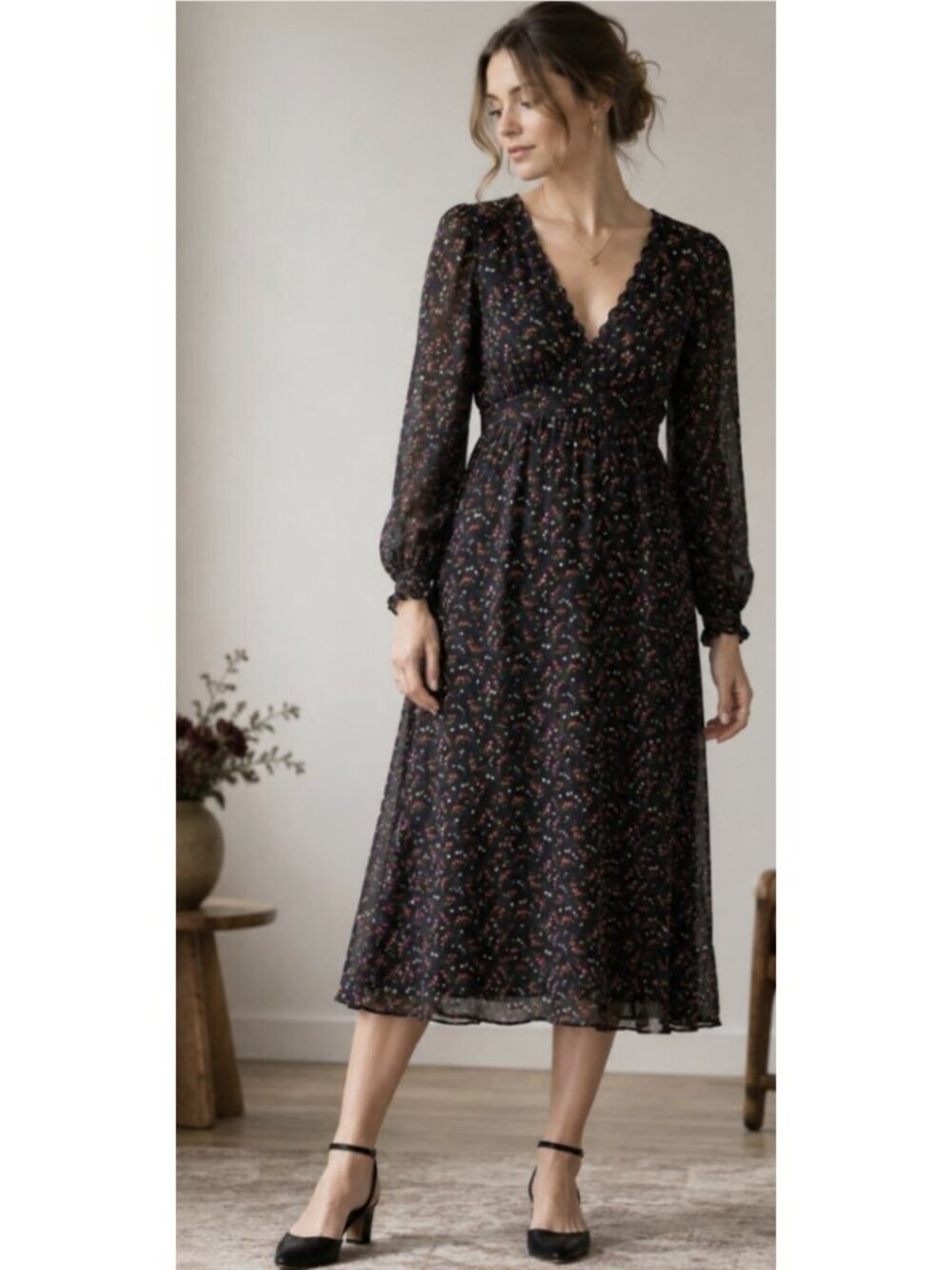 GAP Empire Midi Dress Ditsy Floral Small Dark Romantic Boho Whimsigoth Fairy